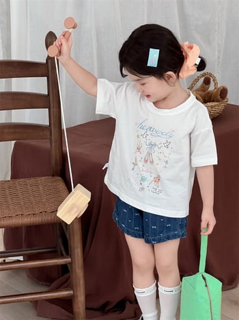 Dječje pamučno T-shirt, okrugli izrez, kratki rukavi, baletni print, korejska verzija