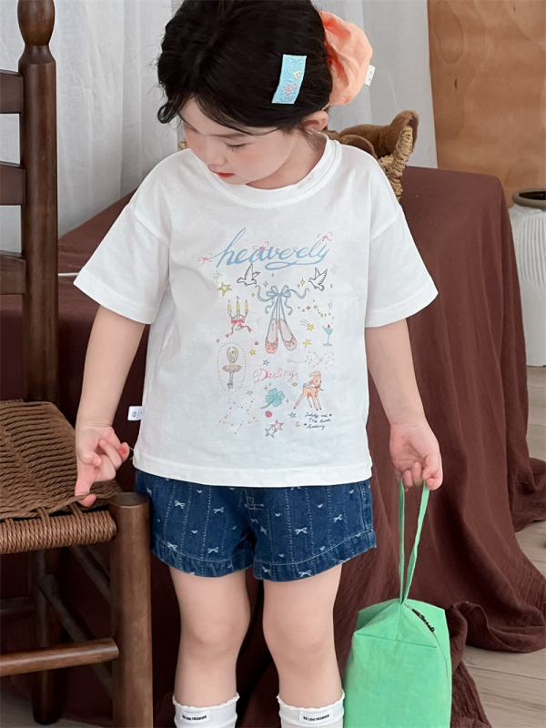 Dječje pamučno T-shirt, okrugli izrez, kratki rukavi, baletni print, korejska verzija