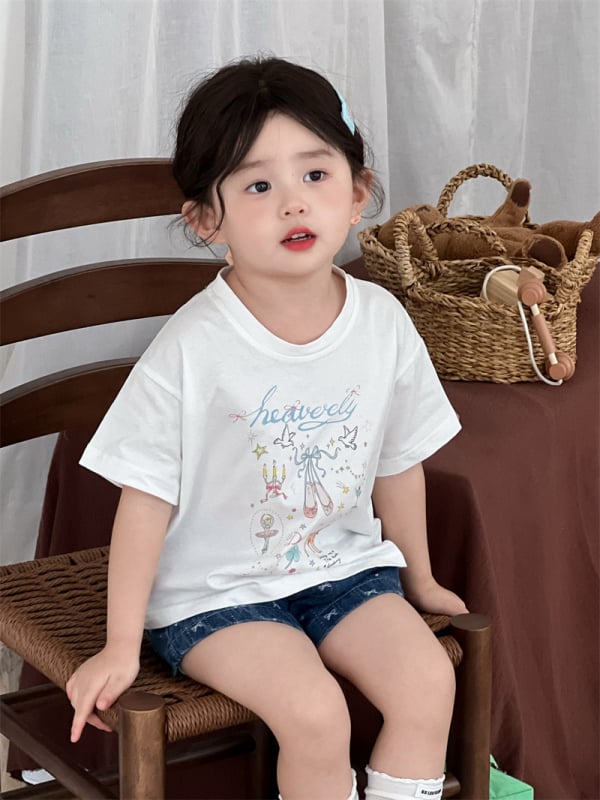 Dječje pamučno T-shirt, okrugli izrez, kratki rukavi, baletni print, korejska verzija