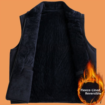 Мъжка дебела двупосочна работна жилетка с подплата, райе, лен 20–30%, свободен крой, термална жилетка