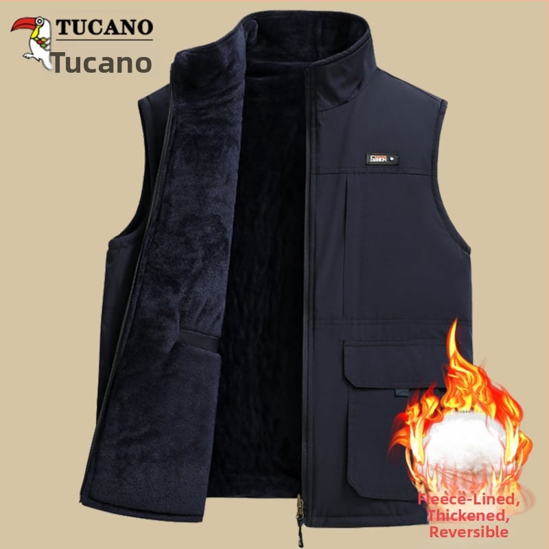 Мъжка дебела двупосочна работна жилетка с подплата, райе, лен 20–30%, свободен крой, термална жилетка