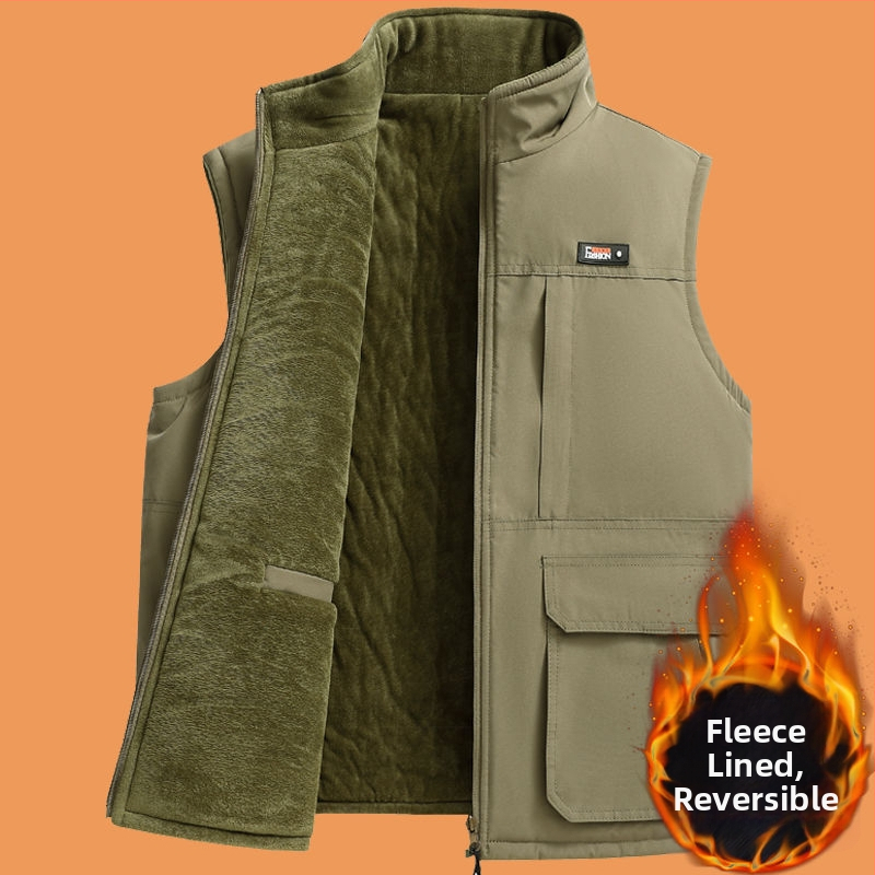 Мъжка дебела двупосочна работна жилетка с подплата, райе, лен 20–30%, свободен крой, термална жилетка