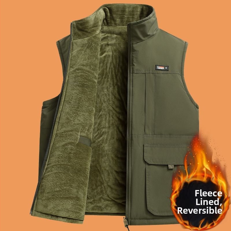 Мъжка дебела двупосочна работна жилетка с подплата, райе, лен 20–30%, свободен крой, термална жилетка