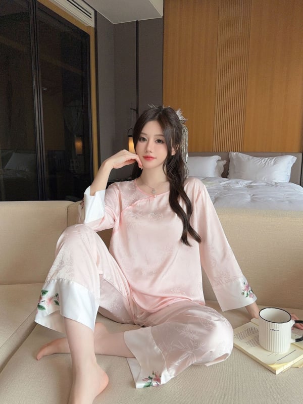 Ženski dvodijelni pijama set od ice silk, dugi rukavi, okrugli ovratnik, nacionalni stil