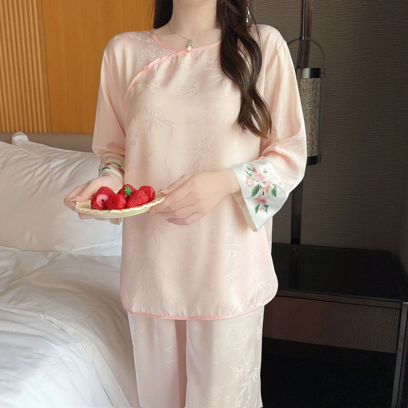 Ženski dvodijelni pijama set od ice silk, dugi rukavi, okrugli ovratnik, nacionalni stil