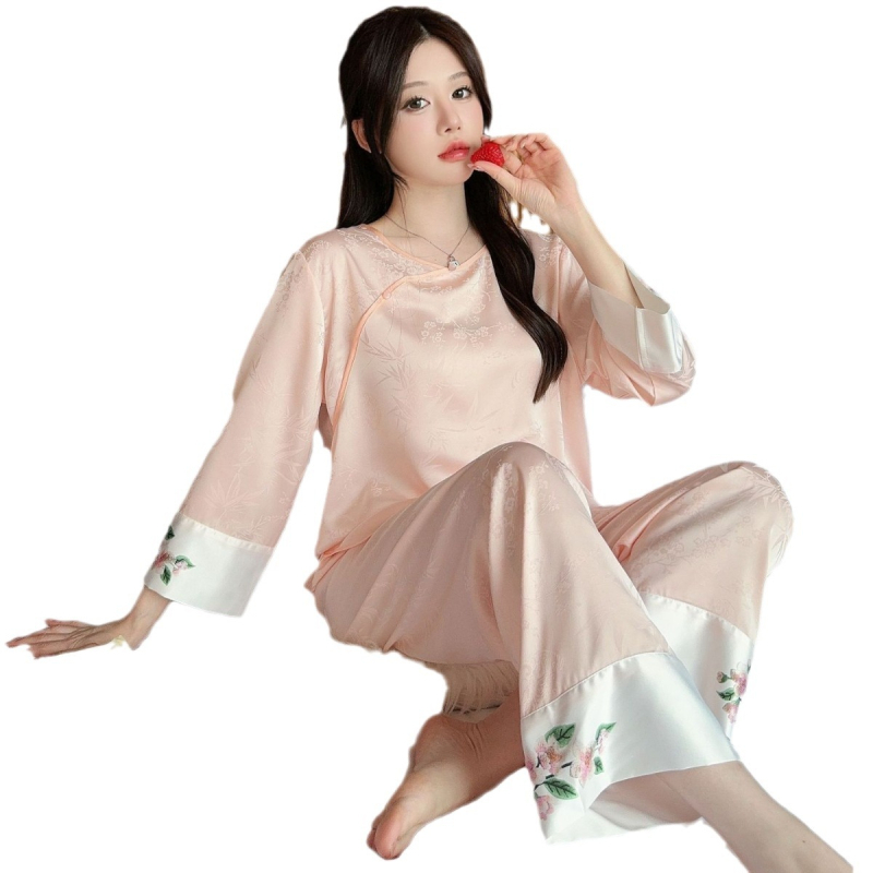 Ženski dvodijelni pijama set od ice silk, dugi rukavi, okrugli ovratnik, nacionalni stil