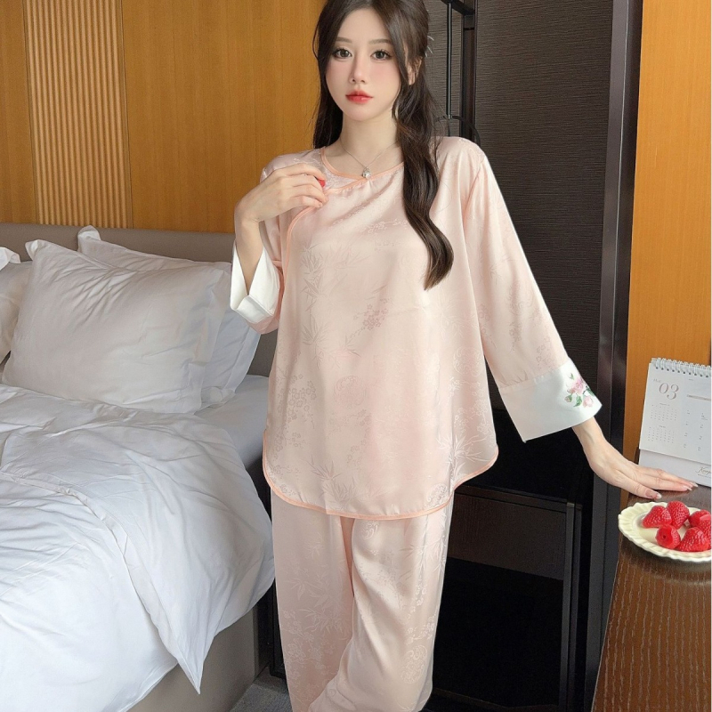 Ženski dvodijelni pijama set od ice silk, dugi rukavi, okrugli ovratnik, nacionalni stil