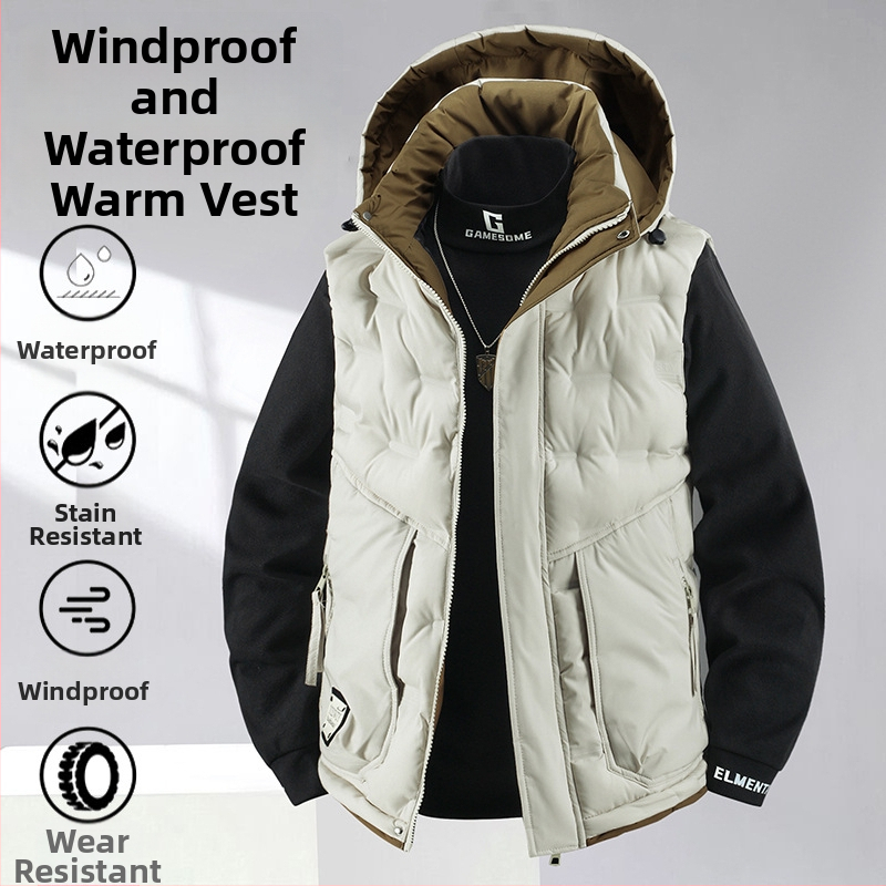 Γιλέκο πολυεστέρα για το χειμώνα, στενή γραμμή, με αποσπώμενη κουκούλα και φερμουάρ