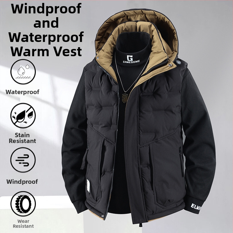 Γιλέκο πολυεστέρα για το χειμώνα, στενή γραμμή, με αποσπώμενη κουκούλα και φερμουάρ