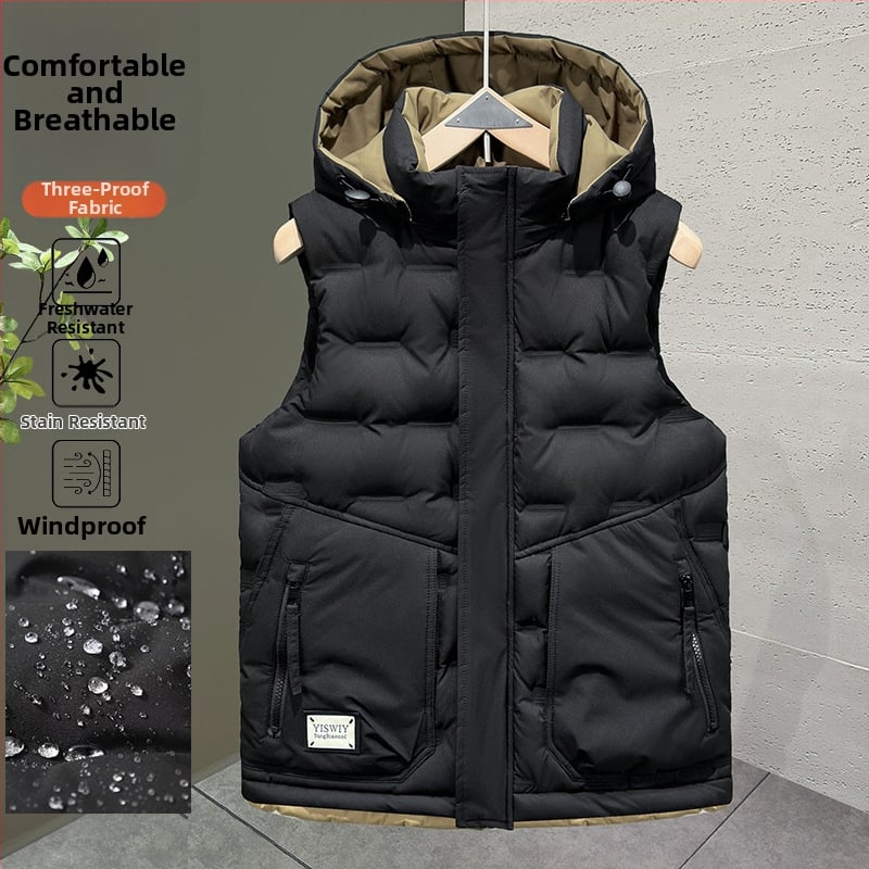 Γιλέκο πολυεστέρα για το χειμώνα, στενή γραμμή, με αποσπώμενη κουκούλα και φερμουάρ