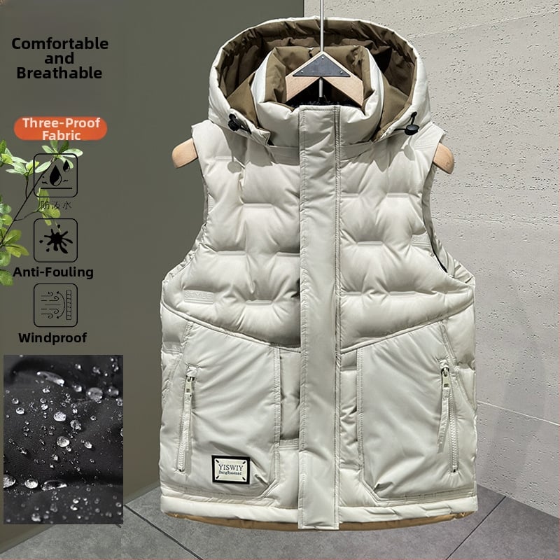 Γιλέκο πολυεστέρα για το χειμώνα, στενή γραμμή, με αποσπώμενη κουκούλα και φερμουάρ