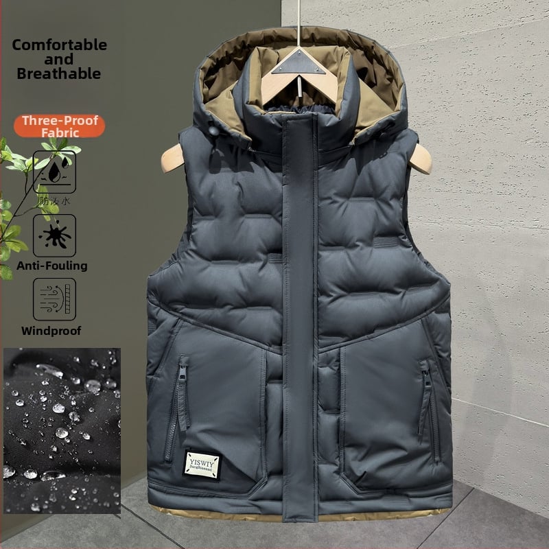 Γιλέκο πολυεστέρα για το χειμώνα, στενή γραμμή, με αποσπώμενη κουκούλα και φερμουάρ