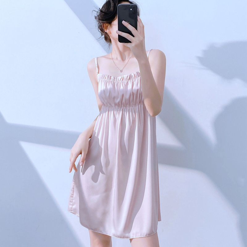 Ženska kućna haljina od ice silk, seksi stil, 95–100% poliester, tanka tkanina, V-izrez