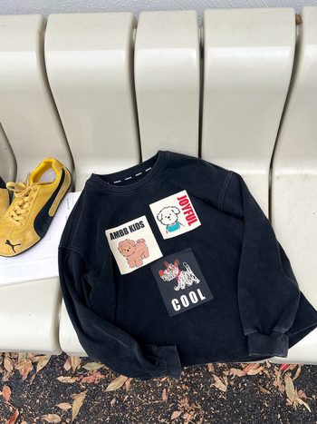 Dječji top s dugim rukavima od 100% pamuka, Cartoon & Letters uzorak, 230 g debeli materijal, okrugli izrez
