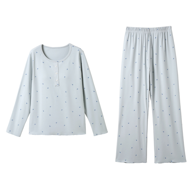 Set kućne odjeće s gumbima, poliester, debeo, okrugli izrez, dugi rukavi, hlače, minimalistički pulover stil