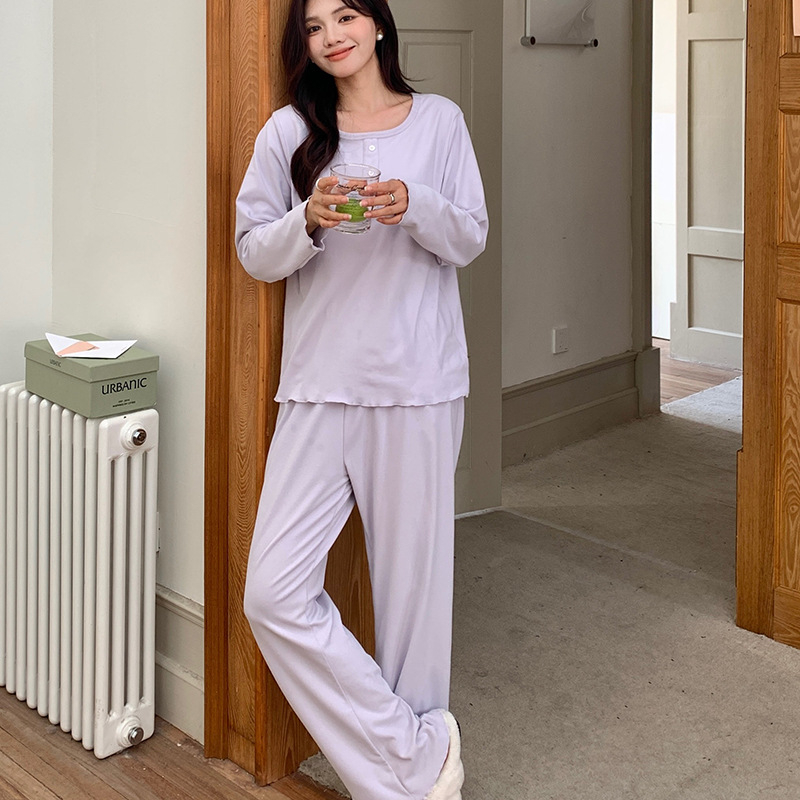 Set kućne odjeće s gumbima, poliester, debeo, okrugli izrez, dugi rukavi, hlače, minimalistički pulover stil