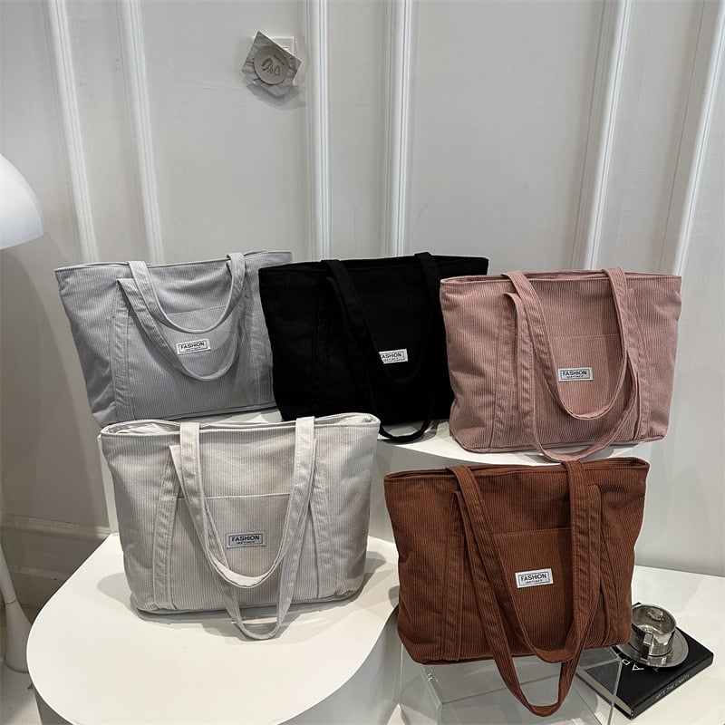 Corduroy tote torba, gradski stil, zatvarač, džep za telefon i dokumente, jesen 2025