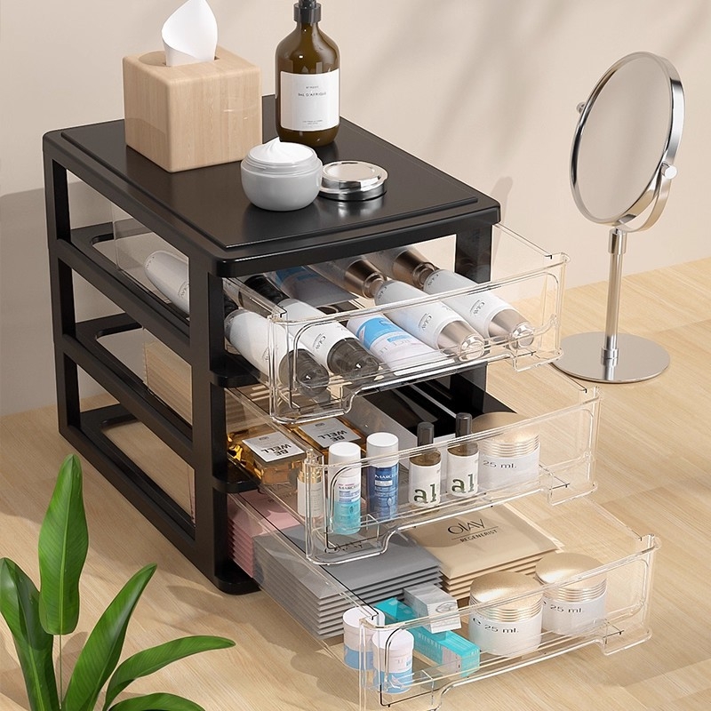 Íróasztalhoz való fiókos tároló doboz, átlátszó műanyag, kozmetikumok és irodai kellékek számára