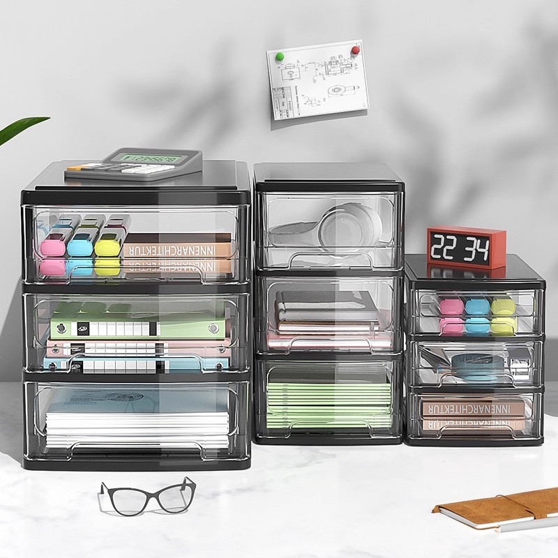 Íróasztalhoz való fiókos tároló doboz, átlátszó műanyag, kozmetikumok és irodai kellékek számára