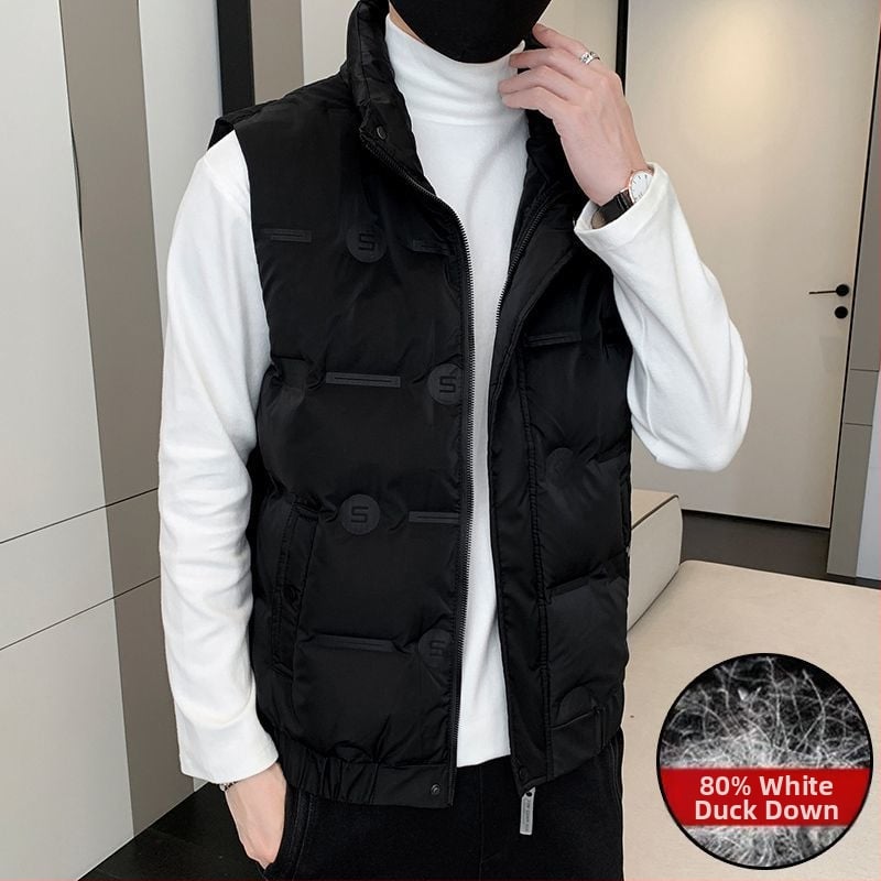 Ανδρικό γιλέκο από πούπουλα με σταθερό γιακά, φερμουάρ, κουκούλα, επένδυση φλίς και καπιτονέ σχεδιασμό