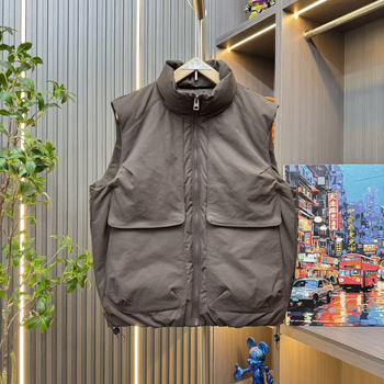 Ανδρικό γιλέκο με πούπουλα, στενή γραμμή, σταθερός γιακά, κουκούλα, παχύτερο ύφασμα, ριγέ μοτίο