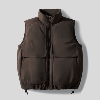 Ανδρικό γιλέκο με πούπουλα, στενή γραμμή, σταθερός γιακά, κουκούλα, παχύτερο ύφασμα, ριγέ μοτίο