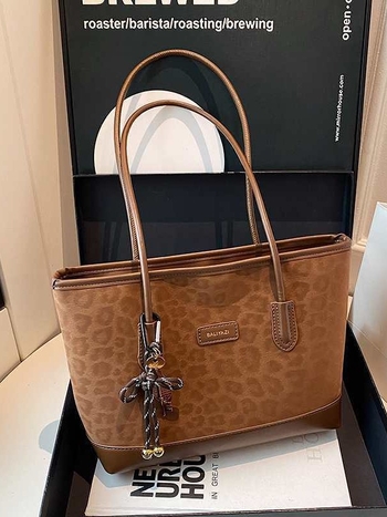 Geantă de umăr din PU cu imprimeu leopard, stil urban minimalist, închidere cu fermoar, buzunar interior cu fermoar și buzunar pentru telefon