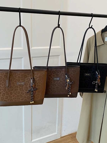 Geantă de umăr din PU cu imprimeu leopard, stil urban minimalist, închidere cu fermoar, buzunar interior cu fermoar și buzunar pentru telefon