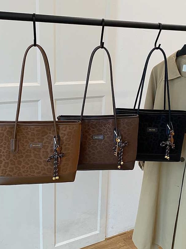 Geantă de umăr din PU cu imprimeu leopard, stil urban minimalist, închidere cu fermoar, buzunar interior cu fermoar și buzunar pentru telefon