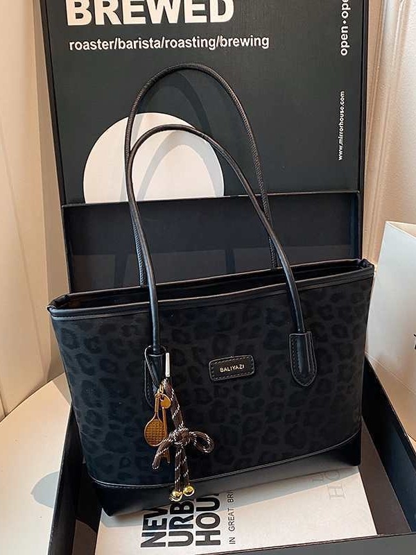 Geantă de umăr din PU cu imprimeu leopard, stil urban minimalist, închidere cu fermoar, buzunar interior cu fermoar și buzunar pentru telefon