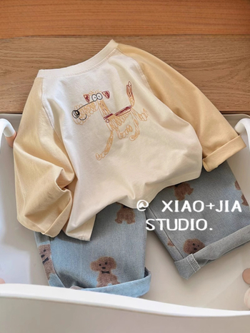 Dječje T-shirt s raglan rukavima, karikatura šteneta, okrugli izrez, pamuk 80%, mekani završetak, odvlači vlagu, za djecu 3–8 godina