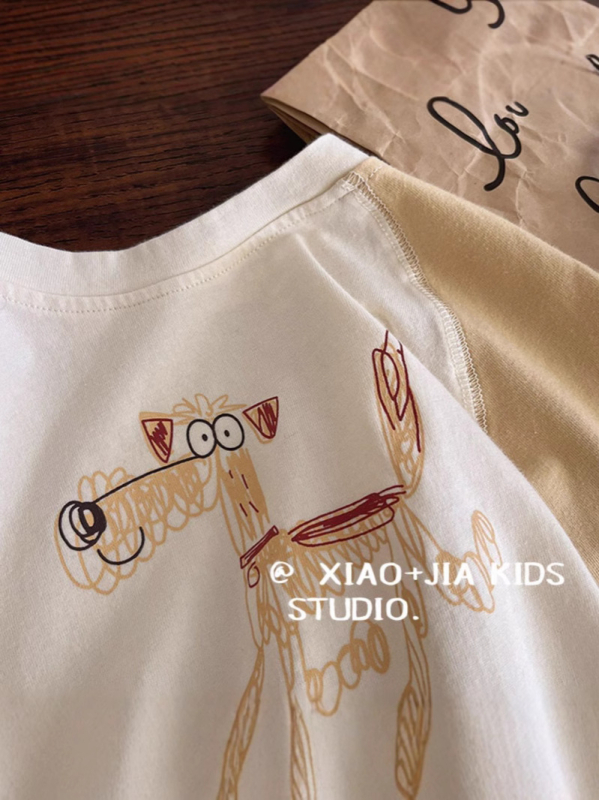 Dječje T-shirt s raglan rukavima, karikatura šteneta, okrugli izrez, pamuk 80%, mekani završetak, odvlači vlagu, za djecu 3–8 godina