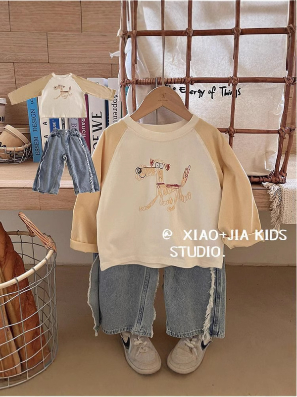 Dječje T-shirt s raglan rukavima, karikatura šteneta, okrugli izrez, pamuk 80%, mekani završetak, odvlači vlagu, za djecu 3–8 godina