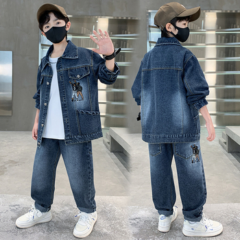 Dječji denimski dvodjelni komplet s dugim rukavima, koreanski stil, uzorak s slovima, 70–80% pamuk