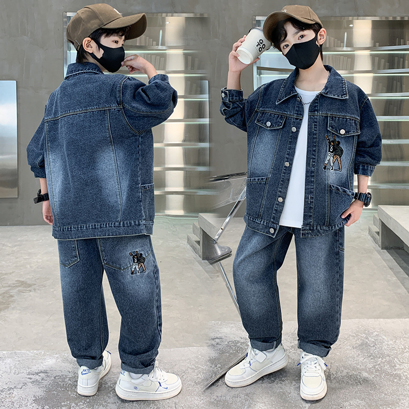 Dječji denimski dvodjelni komplet s dugim rukavima, koreanski stil, uzorak s slovima, 70–80% pamuk