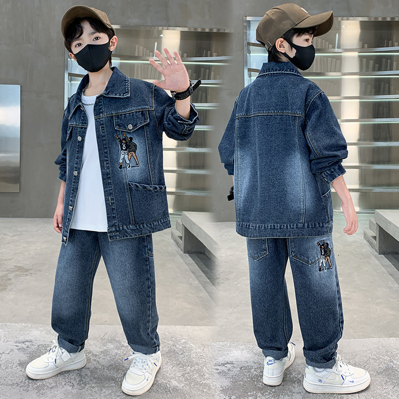 Dječji denimski dvodjelni komplet s dugim rukavima, koreanski stil, uzorak s slovima, 70–80% pamuk