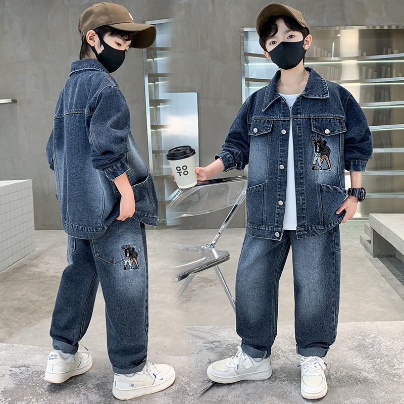 Dječji denimski dvodjelni komplet s dugim rukavima, koreanski stil, uzorak s slovima, 70–80% pamuk