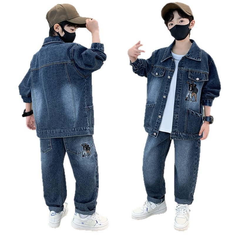 Dječji denimski dvodjelni komplet s dugim rukavima, koreanski stil, uzorak s slovima, 70–80% pamuk