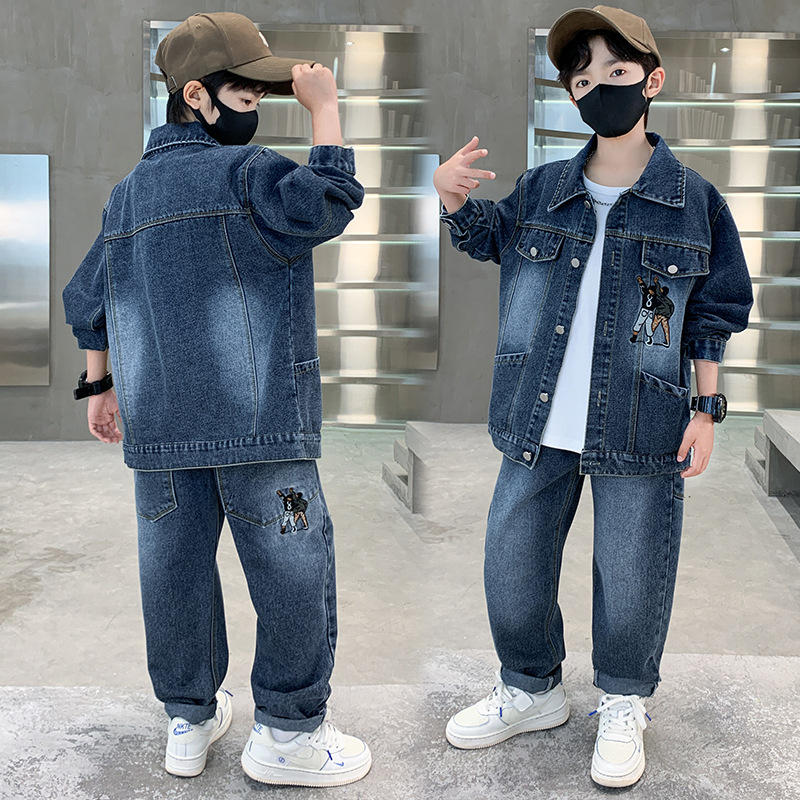 Dječji denimski dvodjelni komplet s dugim rukavima, koreanski stil, uzorak s slovima, 70–80% pamuk