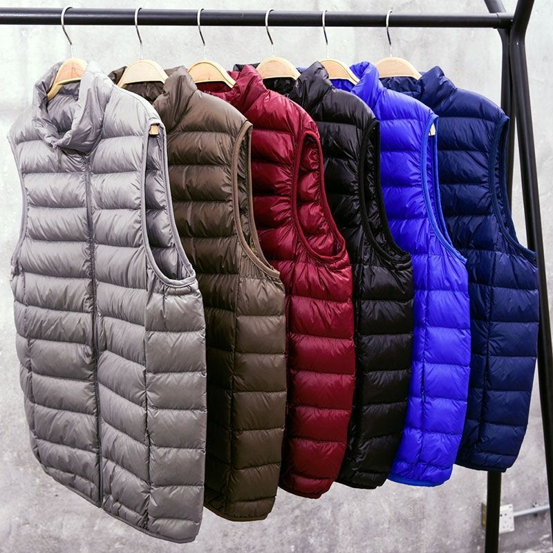 Muški lagani down vest bez rukava, punjenje od guščeg perja 30–35%, tkanina od poliestera, debeli kroj, duljina 50–65 cm