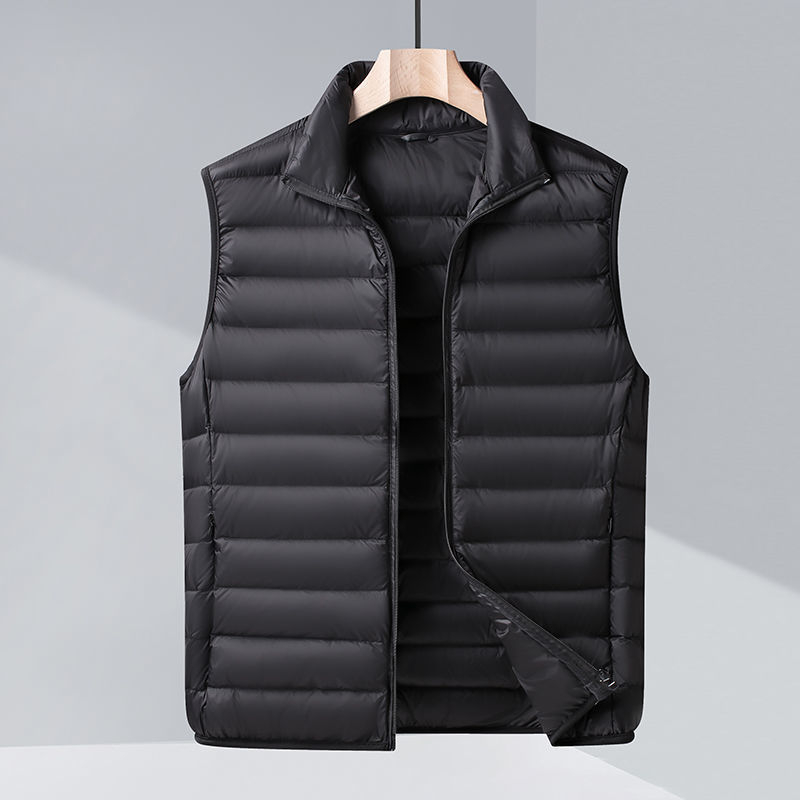 Muški lagani down vest bez rukava, punjenje od guščeg perja 30–35%, tkanina od poliestera, debeli kroj, duljina 50–65 cm