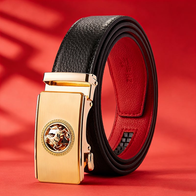 Мъжки кожен колан с автоматична катарама - горен слой кожа, катарама от цинкова сплав, стил лек лукс, електроплатинация и ембосинг