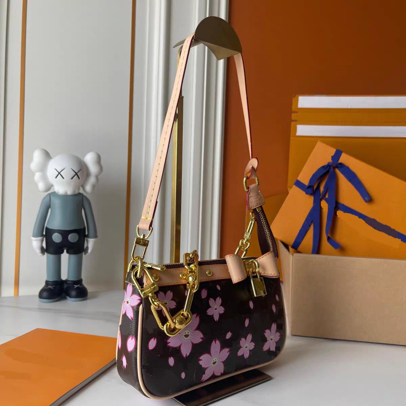 Torba ispod pazuha od prave kože Cherry Blossom Pochette — europsko-američki retro stil; horizontalno pravokutni oblik; zatvarač; dvije naramenice