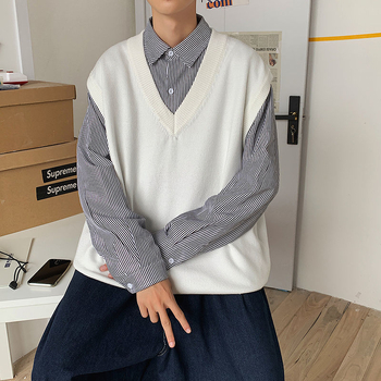 Ανδρικό πλεκτό γιλέκο με V-λαιμό, χωρίς μανίκια, Harajuku στυλ, 65% πολυεστέρας, για τον χειμώνα