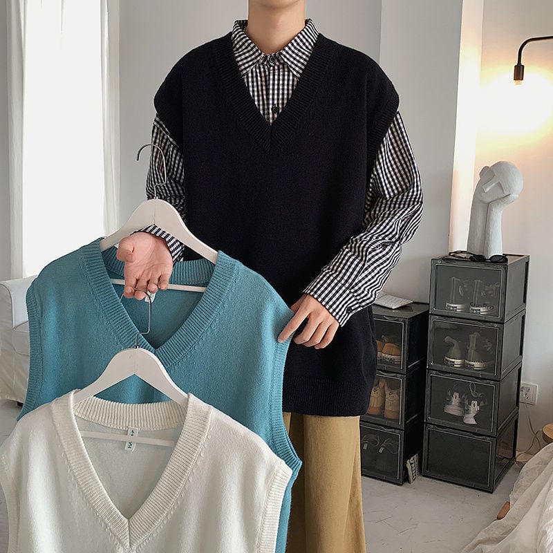 Ανδρικό πλεκτό γιλέκο με V-λαιμό, χωρίς μανίκια, Harajuku στυλ, 65% πολυεστέρας, για τον χειμώνα