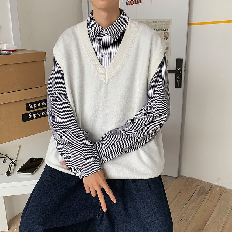 Ανδρικό πλεκτό γιλέκο με V-λαιμό, χωρίς μανίκια, Harajuku στυλ, 65% πολυεστέρας, για τον χειμώνα