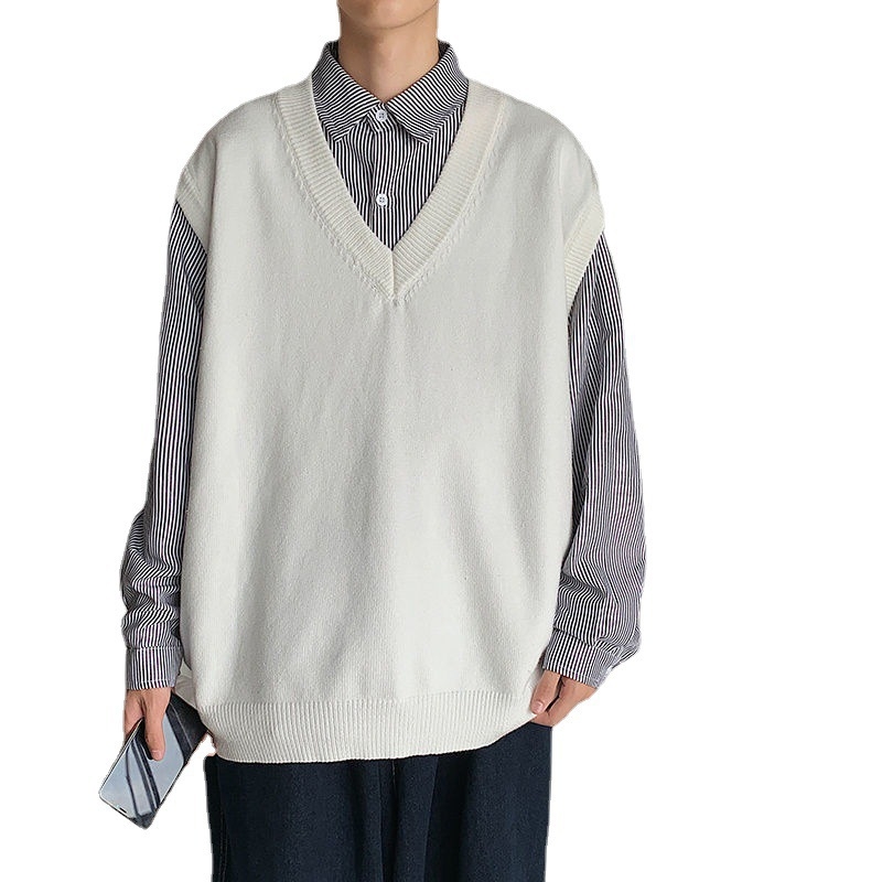 Ανδρικό πλεκτό γιλέκο με V-λαιμό, χωρίς μανίκια, Harajuku στυλ, 65% πολυεστέρας, για τον χειμώνα