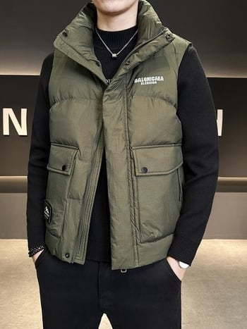 Ανδρικό γιλέκο με πούπουλα, σταθερός γιακά, κουκούλα, φερμουάρ, ριγέ μοτίβο, στενή γραμμή