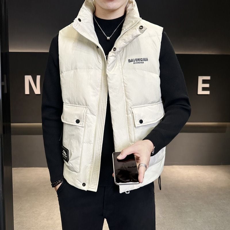 Ανδρικό γιλέκο με πούπουλα, σταθερός γιακά, κουκούλα, φερμουάρ, ριγέ μοτίβο, στενή γραμμή