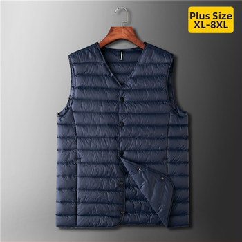 Muška lagana puffer vesta, V-izrez, bez kapulje, punjenje: bijeli patka down, 550 punjenja, kapacitet punjenja 100, vanjski materijal: najlon, glavni materijal: poliester